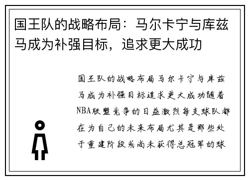 国王队的战略布局：马尔卡宁与库兹马成为补强目标，追求更大成功