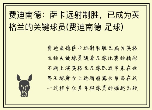 费迪南德：萨卡远射制胜，已成为英格兰的关键球员(费迪南德 足球)